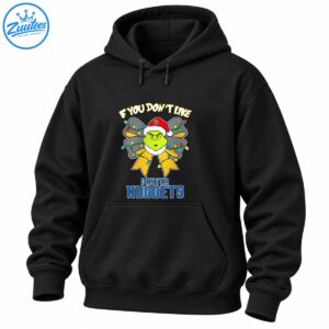 Grumpy green Christmas character in a Santa hat with a gray and gold bow, colorful lights, and Denver Nuggets lettering