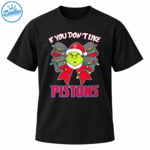 Green grumpy Christmas character in a Santa hat with a festive lighted bow and bold red and blue PISTONS lettering