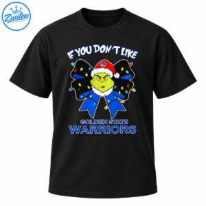 Green Grinch face in a Santa hat with colorful Christmas lights, a blue bow, and Golden State Warriors lettering.