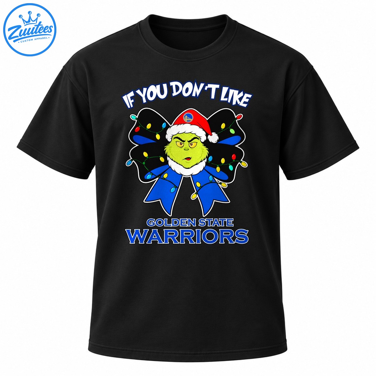 Green Grinch face in a Santa hat with colorful Christmas lights, a blue bow, and Golden State Warriors lettering. Green Grinch face in a Santa hat with colorful Christmas lights, a blue bow, and Golden State Warriors lettering.