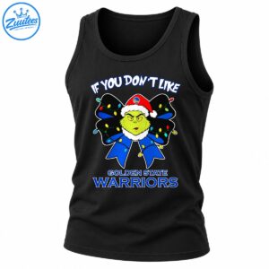 Green Grinch face in a Santa hat with colorful Christmas lights, a blue bow, and Golden State Warriors lettering.