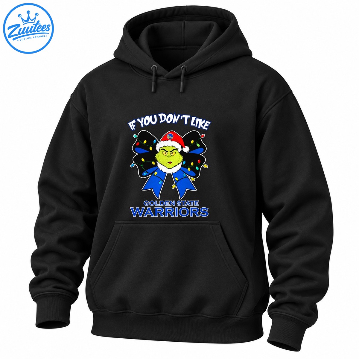 Green Grinch face in a Santa hat with colorful Christmas lights, a blue bow, and Golden State Warriors lettering. Green Grinch face in a Santa hat with colorful Christmas lights, a blue bow, and Golden State Warriors lettering.