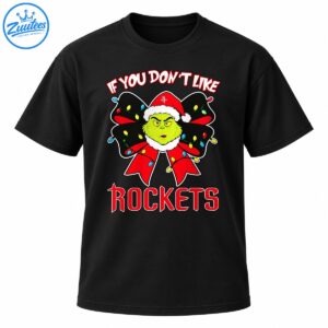 Green grumpy Christmas character in a Santa hat with a red bow, colorful lights, and bold Rockets lettering