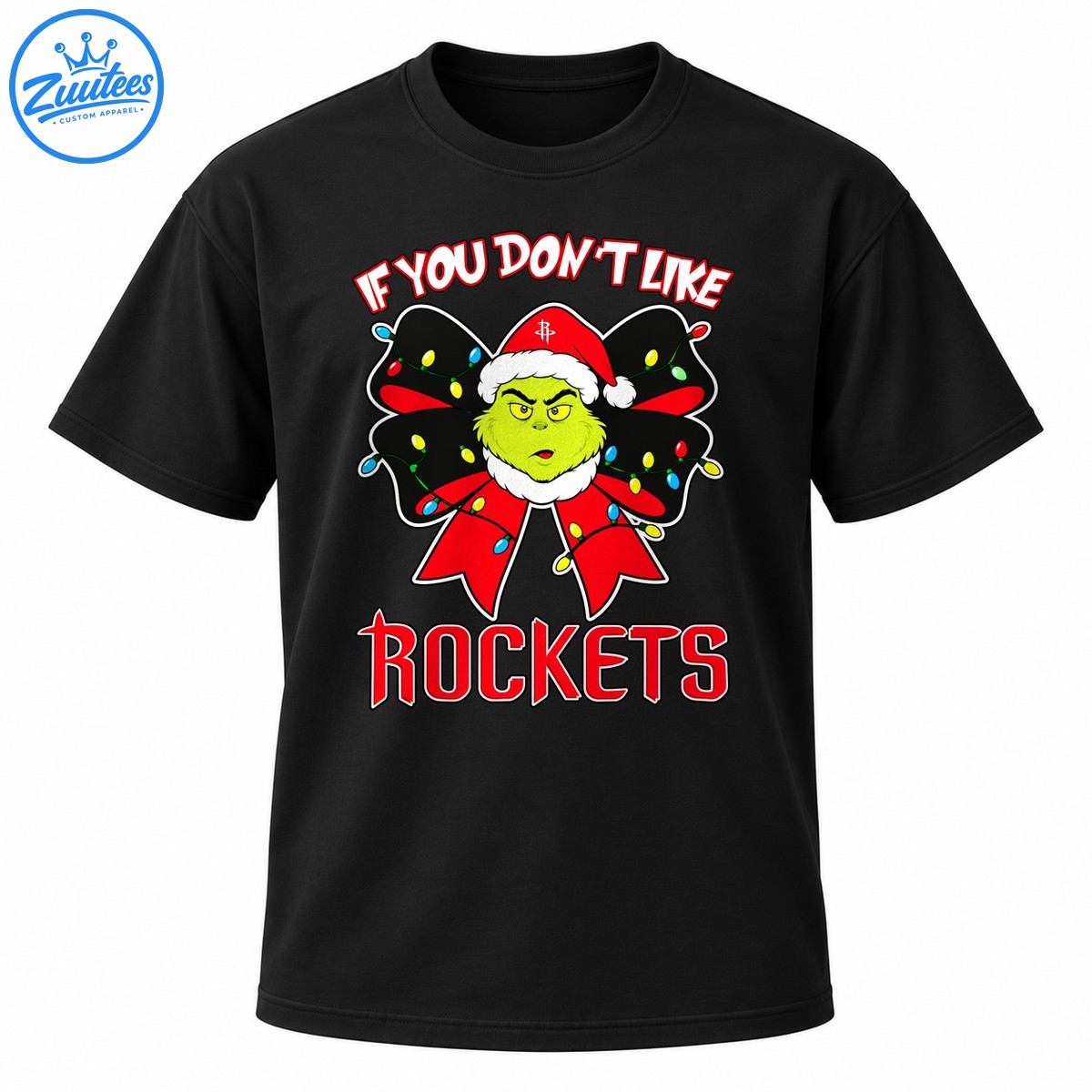 Green grumpy Christmas character in a Santa hat with a red bow, colorful lights, and bold Rockets lettering Green grumpy Christmas character in a Santa hat with a red bow, colorful lights, and bold Rockets lettering