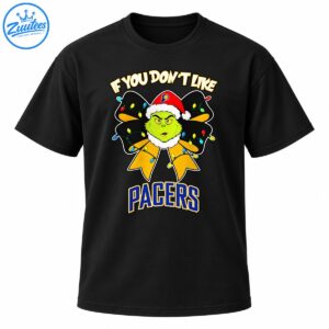 Green grumpy holiday character in a red Santa hat with colorful lights, gold bow, and blue PACERS lettering