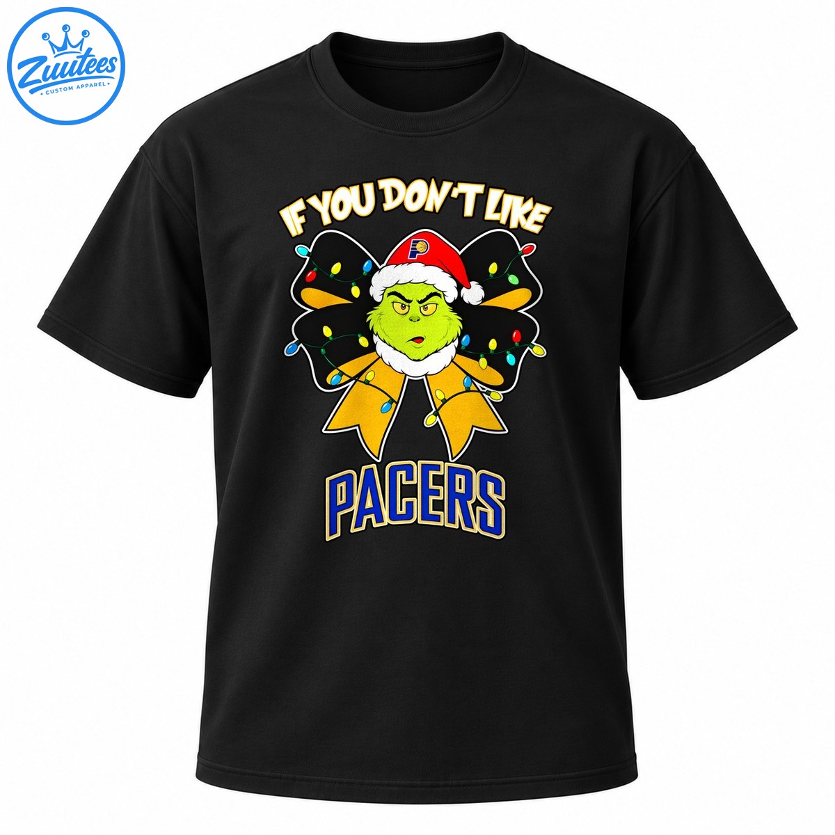 Green grumpy holiday character in a red Santa hat with colorful lights, gold bow, and blue PACERS lettering Green grumpy holiday character in a red Santa hat with colorful lights, gold bow, and blue PACERS lettering