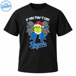 Green Grinch in a red Santa hat with a blue and gray Christmas bow, colorful lights, and Royals lettering