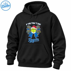 Green Grinch in a red Santa hat with a blue and gray Christmas bow, colorful lights, and Royals lettering