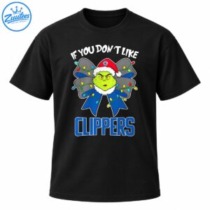 Green grumpy holiday character in a red Santa hat with a blue Christmas bow, colorful lights, and bold Clippers lettering