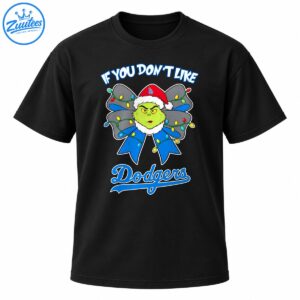 Green grumpy character in a Santa hat with a blue Christmas bow, colorful lights, and Dodgers lettering.