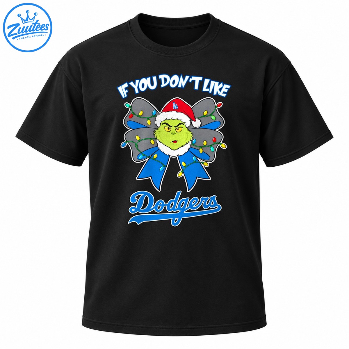 Green grumpy character in a Santa hat with a blue Christmas bow, colorful lights, and Dodgers lettering. Green grumpy character in a Santa hat with a blue Christmas bow, colorful lights, and Dodgers lettering.