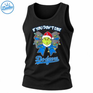 Green grumpy character in a Santa hat with a blue Christmas bow, colorful lights, and Dodgers lettering.