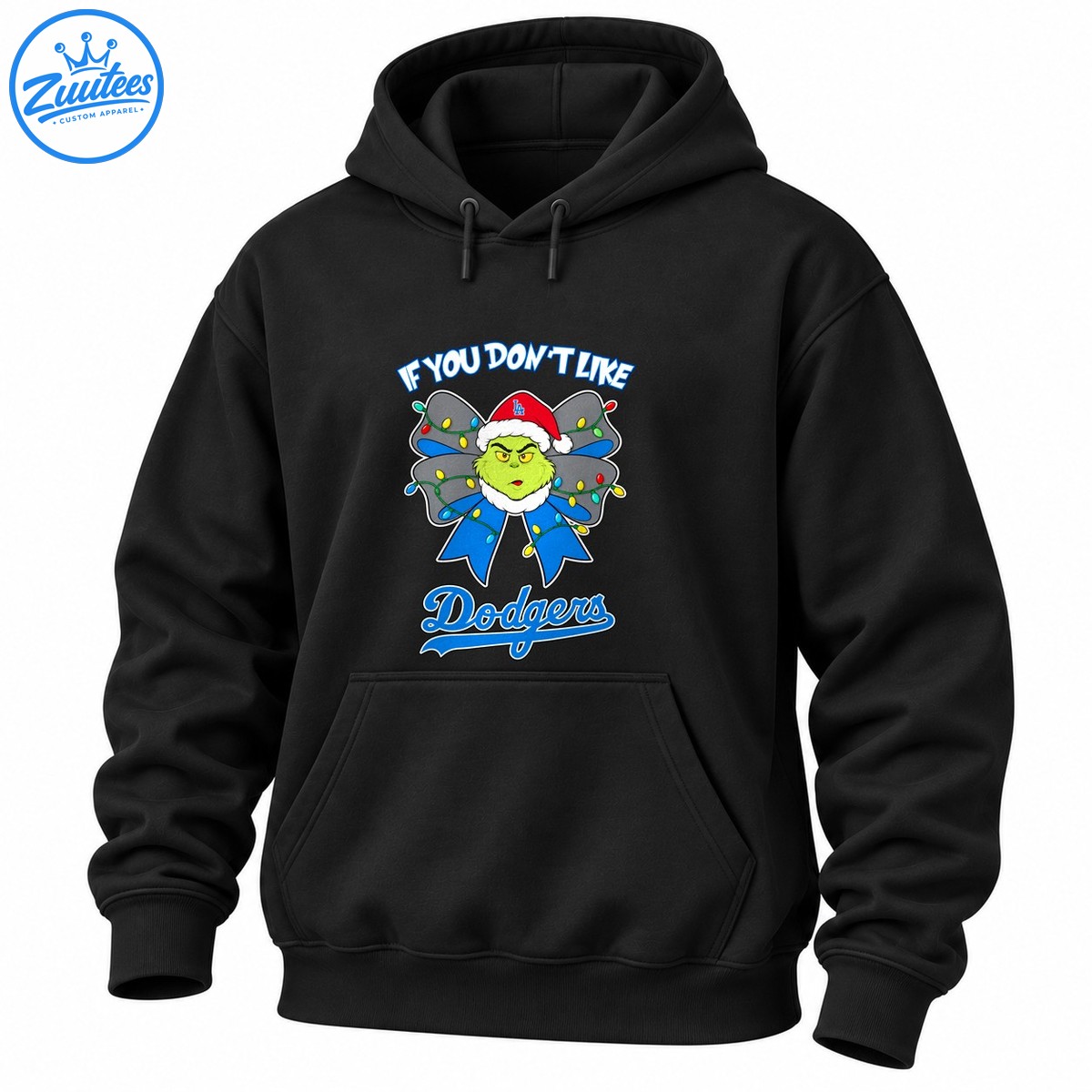 Green grumpy character in a Santa hat with a blue Christmas bow, colorful lights, and Dodgers lettering. Green grumpy character in a Santa hat with a blue Christmas bow, colorful lights, and Dodgers lettering.