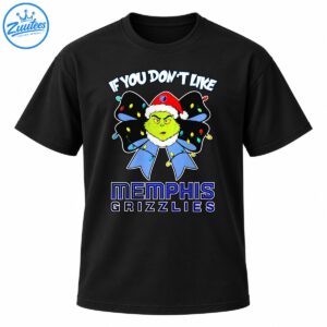 Green Grinch face in a Santa hat on a black and blue Christmas bow with colorful lights and Memphis Grizzlies lettering