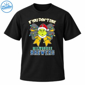 Grumpy green holiday character in a Santa hat with a light-up bow and Milwaukee Brewers lettering
