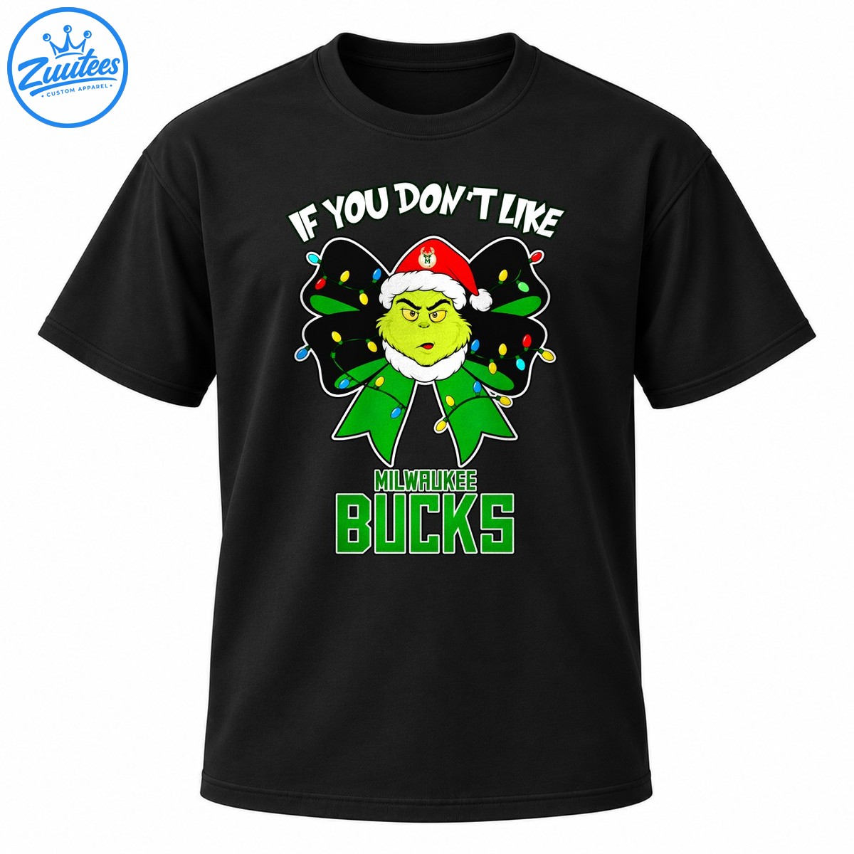 Grumpy green Grinch in a red Santa hat inside a black and green Christmas bow with colorful lights and Milwaukee Bucks lettering Grumpy green Grinch in a red Santa hat inside a black and green Christmas bow with colorful lights and Milwaukee Bucks lettering