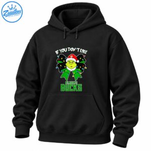 Grumpy green Grinch in a red Santa hat inside a black and green Christmas bow with colorful lights and Milwaukee Bucks lettering
