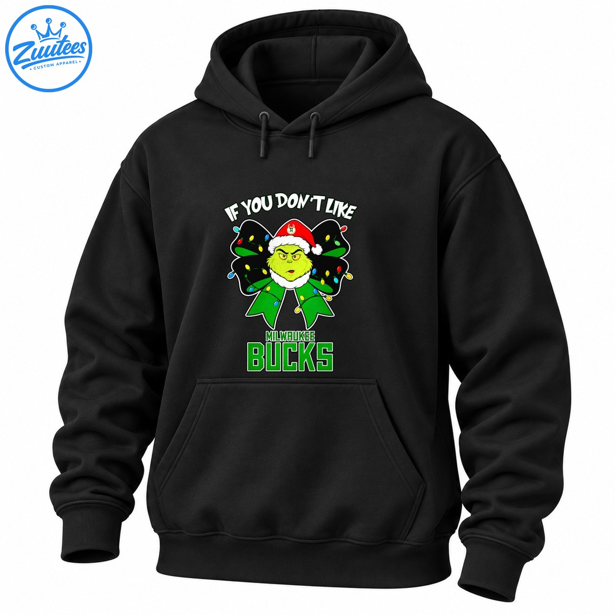 Grumpy green Grinch in a red Santa hat inside a black and green Christmas bow with colorful lights and Milwaukee Bucks lettering Grumpy green Grinch in a red Santa hat inside a black and green Christmas bow with colorful lights and Milwaukee Bucks lettering