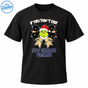 Grumpy green Christmas character in a Santa hat on a festive bow with colorful lights and New Orleans Pelicans text