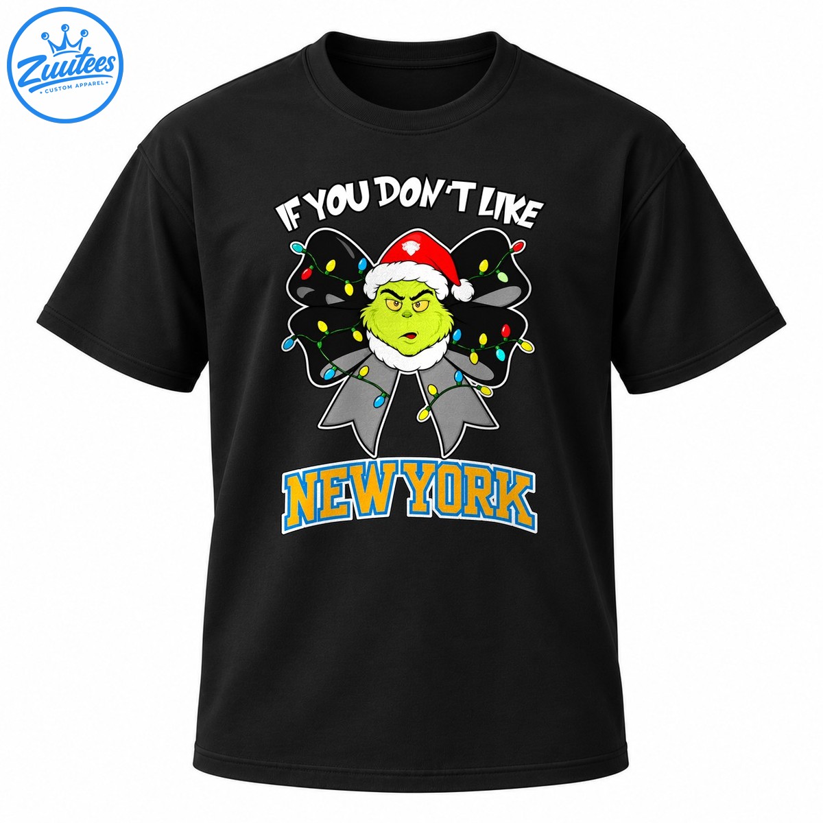 Grumpy green Christmas character in a Santa hat on a black light covered bow with white text and bold New York lettering Grumpy green Christmas character in a Santa hat on a black light-covered bow with white text and bold New York lettering