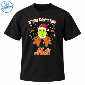 Grumpy green Grinch in a red Santa hat with a Mets emblem, black and orange Christmas bow, colorful lights, and orange Mets lettering