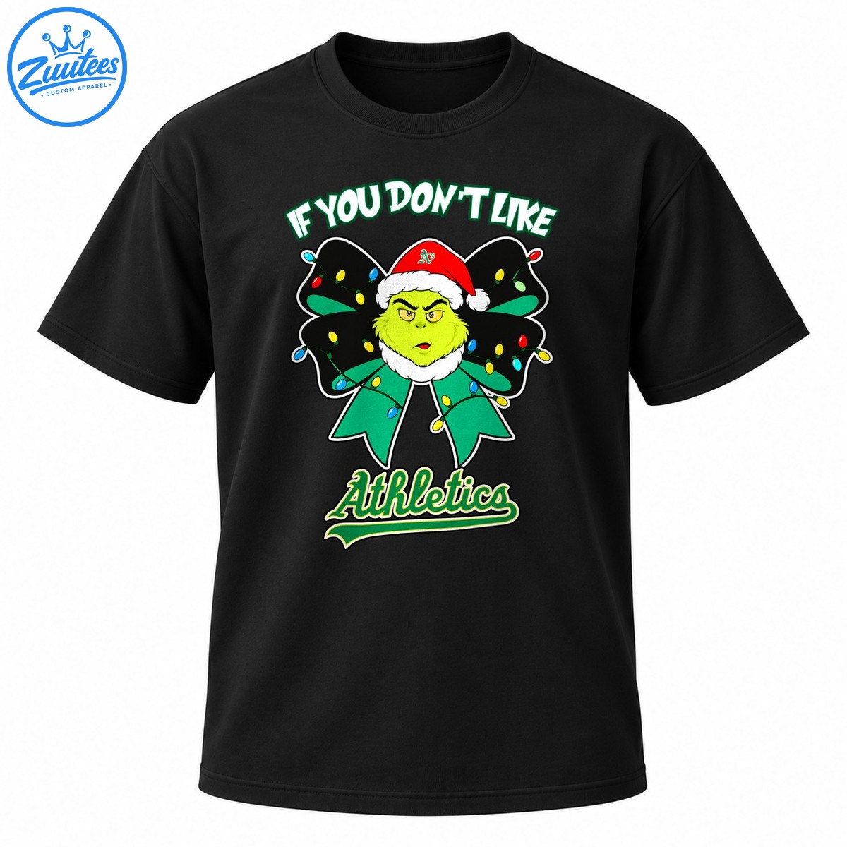 Grumpy green character in a red Santa hat on a Christmas light covered bow with Athletics lettering Grumpy green character in a red Santa hat on a Christmas light-covered bow with Athletics lettering
