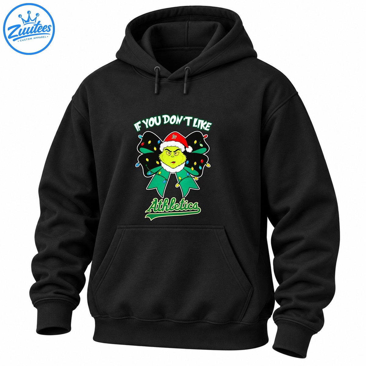 Grumpy green character in a red Santa hat on a Christmas light covered bow with Athletics lettering Grumpy green character in a red Santa hat on a Christmas light-covered bow with Athletics lettering