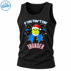 Grumpy green holiday character in a Santa hat on a black bow with colorful lights and bold Thunder lettering