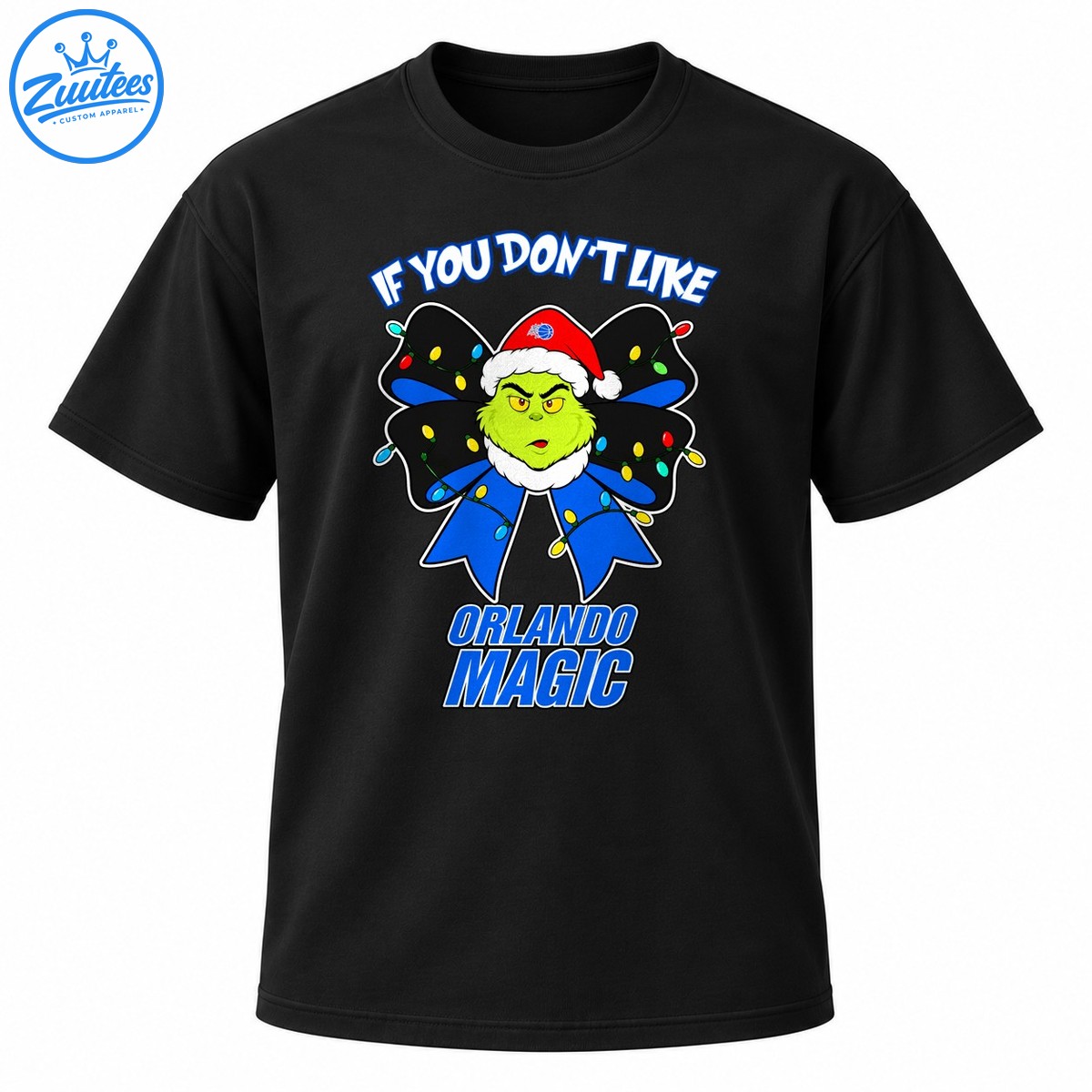 Grinch inspired face in a Santa hat with a blue and black Christmas bow, colorful lights, and Orlando Magic lettering Grinch-inspired face in a Santa hat with a blue and black Christmas bow, colorful lights, and Orlando Magic lettering