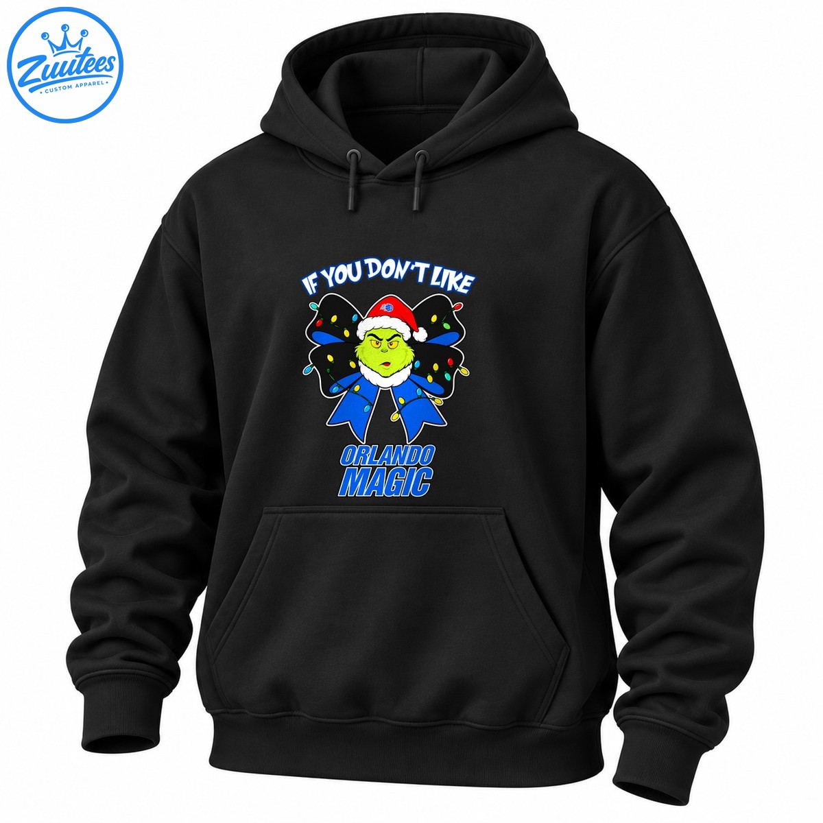 Grinch inspired face in a Santa hat with a blue and black Christmas bow, colorful lights, and Orlando Magic lettering Grinch-inspired face in a Santa hat with a blue and black Christmas bow, colorful lights, and Orlando Magic lettering