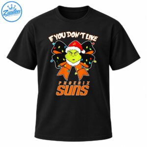 Grinch Phoenix Suns shirt design with Santa hat, black and orange bow, colorful Christmas lights, and bold lettering