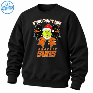 Grinch Phoenix Suns shirt design with Santa hat, black and orange bow, colorful Christmas lights, and bold lettering