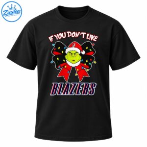 Green holiday character in a Santa hat on a red and black Christmas bow with colorful lights and bold BLAZERS lettering
