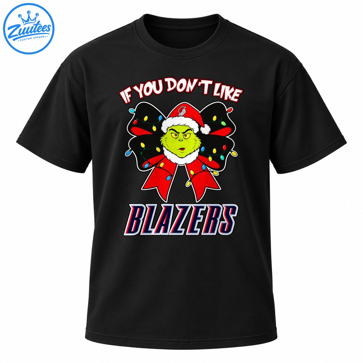 Green holiday character in a Santa hat on a red and black Christmas bow with colorful lights and bold BLAZERS lettering Green holiday character in a Santa hat on a red and black Christmas bow with colorful lights and bold BLAZERS lettering