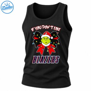 Green holiday character in a Santa hat on a red and black Christmas bow with colorful lights and bold BLAZERS lettering