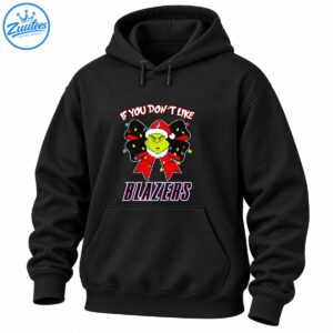 Green holiday character in a Santa hat on a red and black Christmas bow with colorful lights and bold BLAZERS lettering