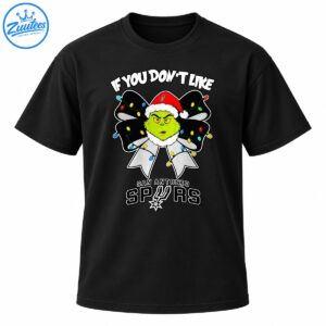 Grumpy green Christmas character in a Santa hat with a light-covered black bow and San Antonio Spurs lettering