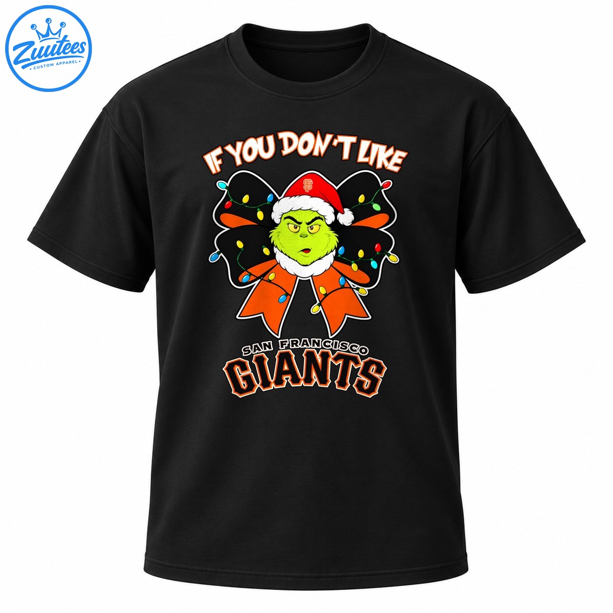 Grumpy green character in a red Santa hat with a black and orange Christmas bow, colorful lights, and San Francisco Giants lettering Grumpy green character in a red Santa hat with a black and orange Christmas bow, colorful lights, and San Francisco Giants lettering