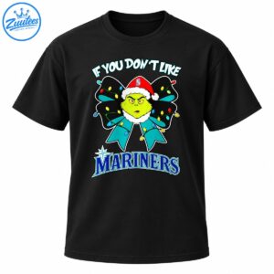 Green grumpy Christmas character in a Santa hat with a teal bow, colorful lights, and bold Mariners lettering