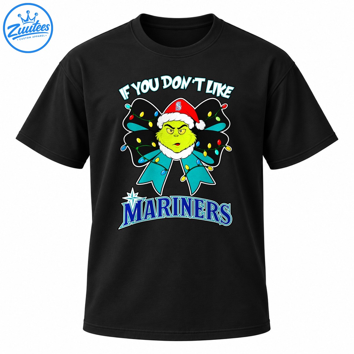 Green grumpy Christmas character in a Santa hat with a teal bow, colorful lights, and bold Mariners lettering Green grumpy Christmas character in a Santa hat with a teal bow, colorful lights, and bold Mariners lettering