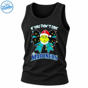 Green grumpy Christmas character in a Santa hat with a teal bow, colorful lights, and bold Mariners lettering