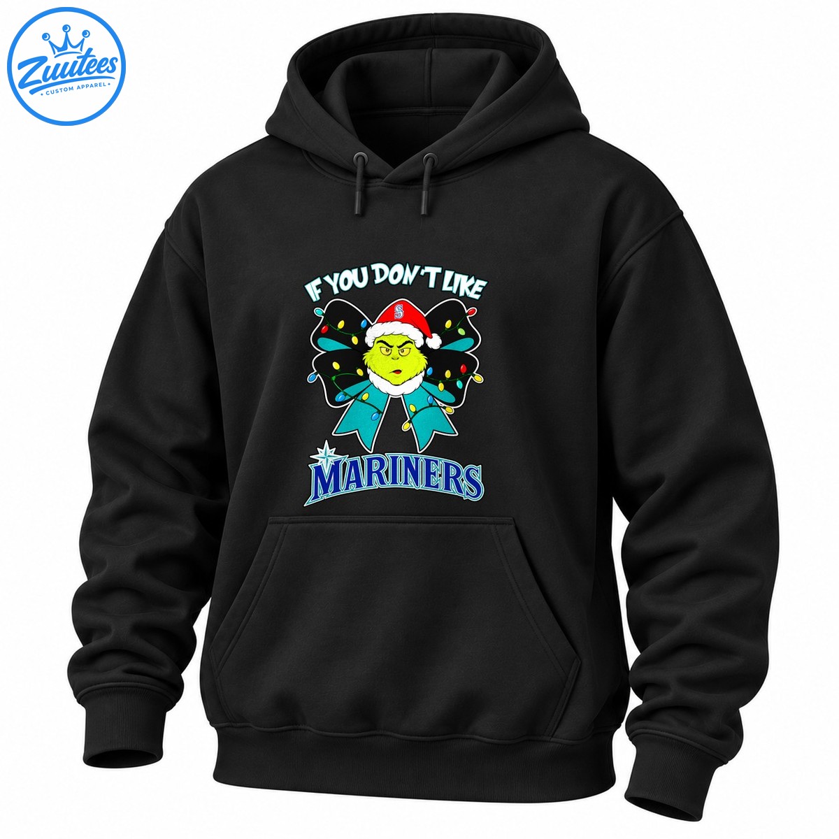 Green grumpy Christmas character in a Santa hat with a teal bow, colorful lights, and bold Mariners lettering Green grumpy Christmas character in a Santa hat with a teal bow, colorful lights, and bold Mariners lettering
