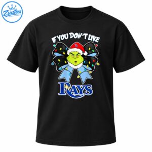 Grumpy green character in a red Santa hat with a Christmas light-covered bow and bold blue RAYS lettering