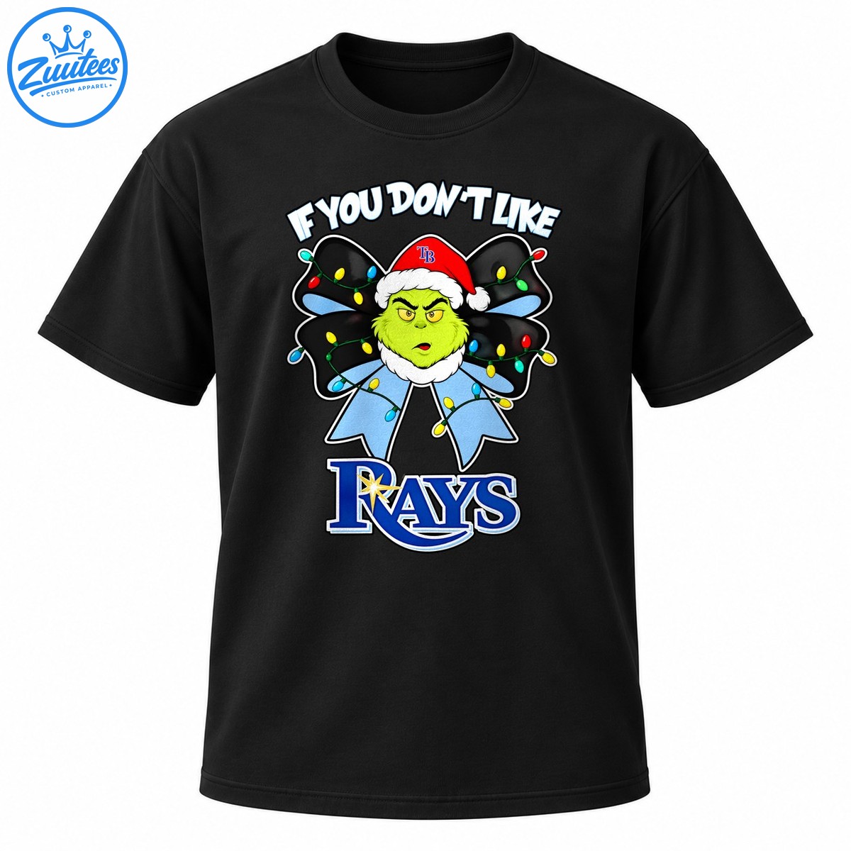 Grumpy green character in a red Santa hat with a Christmas light covered bow and bold blue RAYS lettering Grumpy green character in a red Santa hat with a Christmas light-covered bow and bold blue RAYS lettering