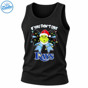 Grumpy green character in a red Santa hat with a Christmas light-covered bow and bold blue RAYS lettering