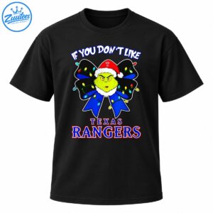 Grinch-inspired green character in a Santa hat with a Christmas light bow and Texas Rangers lettering