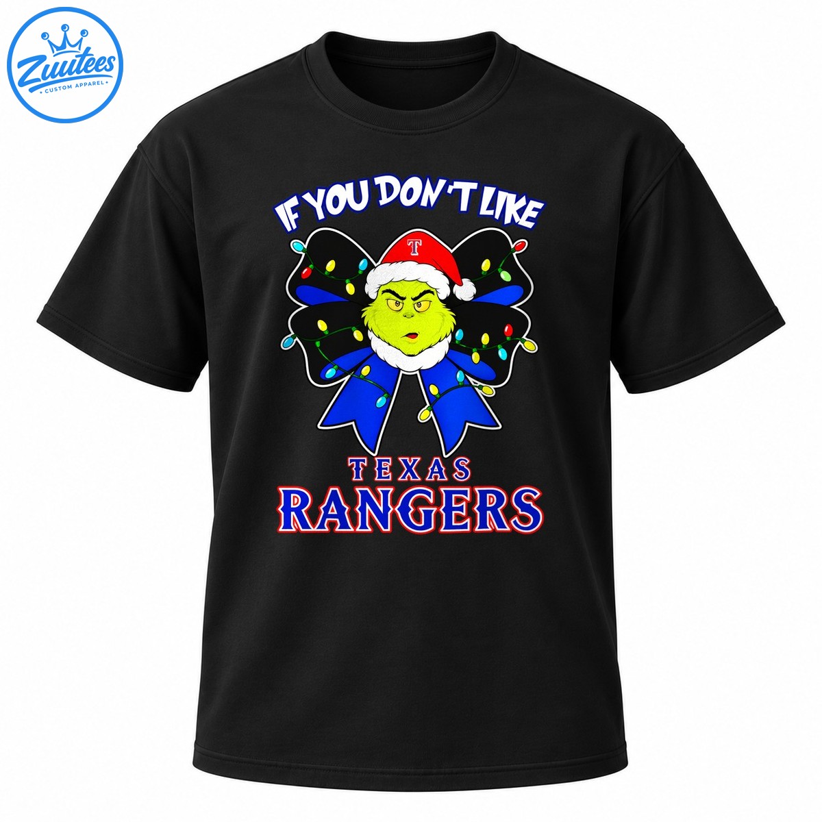 Grinch inspired green character in a Santa hat with a Christmas light bow and Texas Rangers lettering Grinch-inspired green character in a Santa hat with a Christmas light bow and Texas Rangers lettering