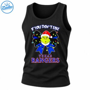 Grinch-inspired green character in a Santa hat with a Christmas light bow and Texas Rangers lettering
