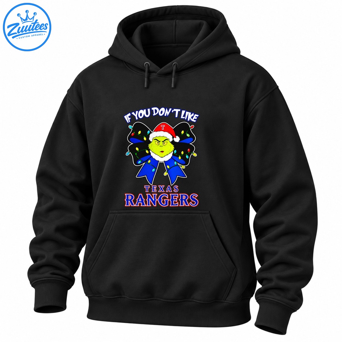 Grinch inspired green character in a Santa hat with a Christmas light bow and Texas Rangers lettering Grinch-inspired green character in a Santa hat with a Christmas light bow and Texas Rangers lettering