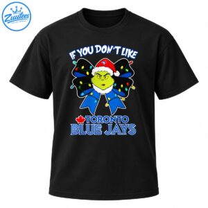 Grumpy green holiday character in a Santa hat on a blue bow with Christmas lights and Toronto Blue Jays lettering